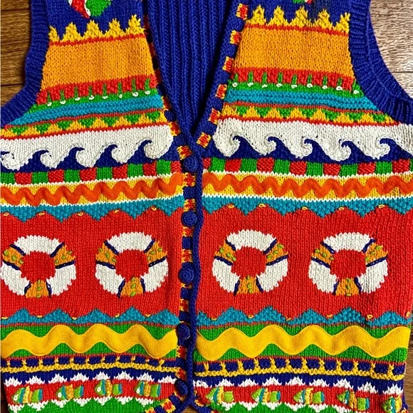 Marisa Christina ~ Large ~ Hand Knitted ~ Orange/Yellow/Blue ~ Ocean/Fish ~ Vest - Picture 8 of 16